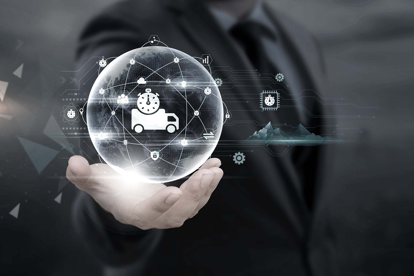 A government official holding a globe with an on-time truck icon.